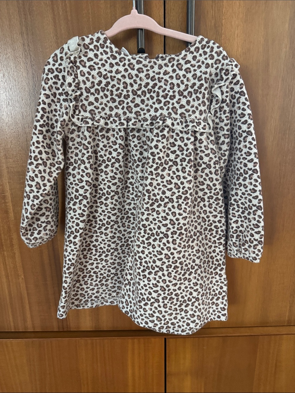 Zara Cream and Brown Leopard Print Long-Sleeve Dress